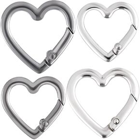4pcs Heart Shaped Keychain Clip, Zinc Alloy Heavy Duty Heart Carabiner, Spring Snap Clasp Hook for Camping Hiking Fishing Traveling- Black & Silver