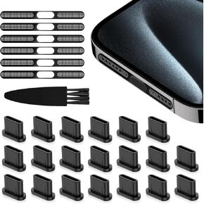 USB C Dust Plug Port Cover Wosterors 20 PCS مع ملصقات غلاف مكبر صوت الهاتف 6 PC متوافقة مع iPhone 16 15 Pro Max بالإضافة إلى ملحقات فرشاة التنظيف