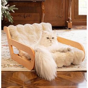 Raised Cat Couch Bed for Indoor Cats, Elevated Cat Sofa Recliner Fluffy Cat Lounge Chair Suitable for Small and Medium Dog, Wooden Cat Furniture(Cat Sofa Off-White)