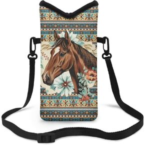 Adjustable Strap Neoprene Cellphone Sleeve Pouch Protective Phone Crossbody Bag, Lightweight Shock Absorbing Pouch Case, 4 X 8 Inch, Dragonfly Flower Black