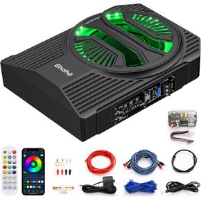 10" 1000W Slim Underseat Car Powered Subwoofer with Amplifier & RGB Lights – APP/Remote Control, Music Sync Bass & Rainbow Chasing Effects, Car Truck Audio Subwoofer and Amp Package
