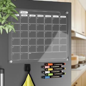 Acrylic Magnetic Calendar for Fridge, Set of 2 Clear Dry Erase Calendar Reusable White Planning Boards Monthly & Weekly, with 6 Light Colored Wet Erasable Markers 40X30CM