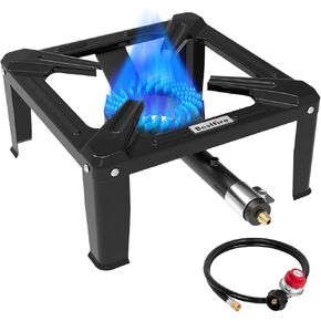 Bestfire High Pressure Propane Burner, 120000 BTU Single Propane Stove with 4.1ft 0-20Psi Adjustable Hose with Regulator, 16" Square Steel Cooktop for Camping