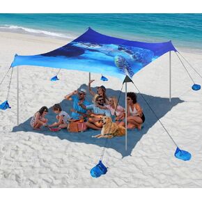Rhino Valley Beach Tent Sun Shelter, 10x10FT Beach Canopy Tent Sun Shade UPF50+ Protection with 8 Sandbags 4 Stability Poles, Outdoor Beach Shade Canopy 6-8 People for Beach Camping Fishing