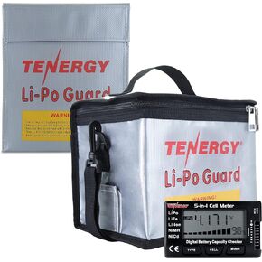 Tenergy 5-in-1 Intelligent Digital Cell Meter Battery Checker and Fire Retardant Lipo Bags for Charging and Storage