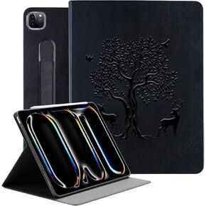 HFcoupe for iPad Pro 13 inch Case 2024 M4 7th Gen, Book Style iPad Pro case 13" with Elastic Pencil Holder - Magnetic Closure - Embossing Print Cover Support Touch ID and Auto Wake/Sleep, Tan