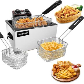 Deep Fryer with Basket for Home Use, Yangbowan Electric Deep Fryer 5L 1300W with Time & Temperature Control,3 Frying Baskets, Stainless Steel Lid with Viewing Window and Perfect for Kitchen, Fry Fish