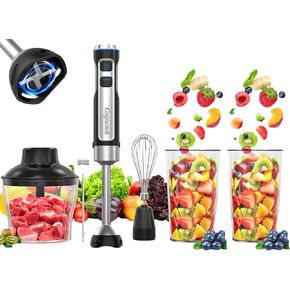 Immersion Blender Handheld, Electric Hand Blender Max 1000W, 5 in 1 Immersion Blender with 21 Speed & Turbo Mode, 2 x Beaker, Chopper, Milk Frother, Whisker, Frother, for Soup, Sauce and Food