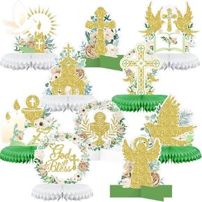 10 Pcs Baptism Decorations Baptism Honeycomb Centerpieces Baptism Centerpieces for Tables Gold Glitter Baptism Party Supplies for Baby Shower Birthday First Communion Decorations (Light Blue Series)