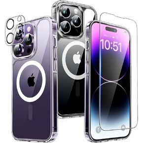 TAURI for iPhone 14 Pro Max Case, [Military Grade Drop Protection] with 2X Screen Protector +2X Camera Lens Protector, Transparent Slim Fit Designed for Mag-Safe Case-Clear