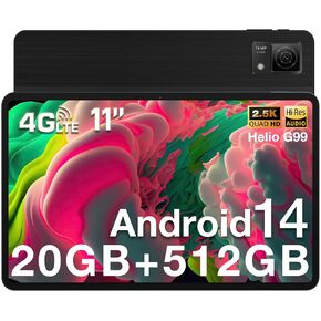 DOOGEE T40 Android Tablet,20GB+512GB/2TB Expand,11" 2.5K Ultra Clear Display Android 14 Tablet,Helio G99 Octa-Core IPS 1600x2560 Gaming Tablet,8580mAh Battery,Dual SIM 4G,Face ID/NFC/OTG,Blue