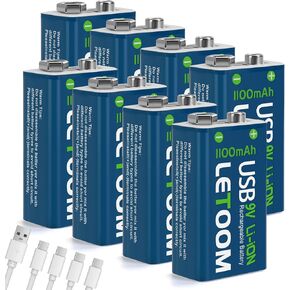 USB Rechargeable 9V Lithium Batteries, 1000mAh, Set for Smoke Detectors, Alarms, Toys, Flashlights (4 Pack)