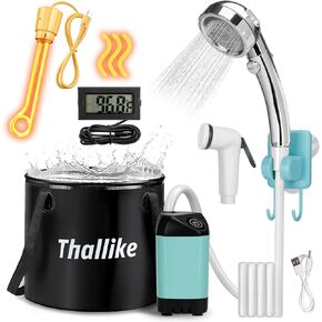 Portable Hot Shower for Camping, 1000W Immersion Heated, Rechargeable Camping Shower Pump, 6.6 Gallons Folding Bucket for Camping, Hiking, Traveling, Washing