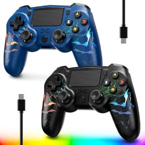 Wireless Controller for PS4, 2 Pack LED Controller for PS4 with 5 Lights Mode/USB C Charge Cable/Touchpad Turbo/Dual Motors/6-Axis Gyro/3.5mm Audio Jack, Bats-Shape Light Design Control for PS4/PS3