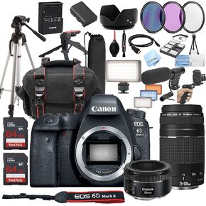 Canon EOS 6D Mark II DSLR Camera W/EF 50MM STM + 75-300MM + LED دائمًا على ذاكرة الضوء + 128 جيجابايت ، مرشحات ، حالة ، ترايبود + المزيد (مجموعة حزمة 34PC) (متجددة)