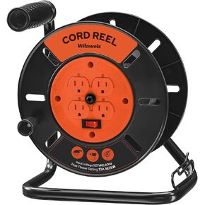 Extension Cord Storage Reel with 4-Grounded Outlets, Heavy Duty Open Cord Reel for 12/3,14/3,16/3 Gauge Power Cord, Hand Wind Retractable, 13A Circuit Breaker, ETL Listed, Yellow Y93CR06