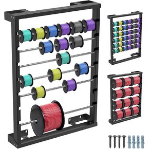SELEWARE Wire Spool Rack, Wall Mounted Wire Spool Holder Wire Reel Holder Heavy Duty Wire/Cable Dispenser with 6 Stainless Steel Rods for Electrical Industrial Retail Storage and Display, Black