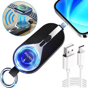 Mini Portable Charger for Apple Watch, Wireless iWatch Charger with Magnetic Charger 2000mAh Power Bank 𝟯 𝗜𝗡 𝟭 Keychain Charger for Phone/Airpod/iWatch (Lighttening+Type C Port)
