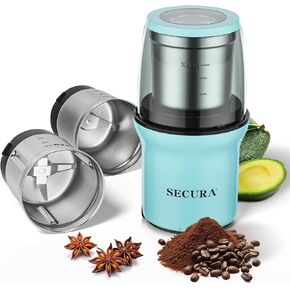 Secura Electric Spice Grinder and Coffee Grinder with 2 Stainless Steel Blades Removable Cups for Dry & Wet Grinding, Aqua