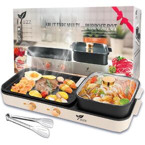 2 in 1 Electric Hot Pot Grill, Dual Temperature, Indoor Non-Stick Griddle for Korean BBQ, Shabu Shabu and Noodles (Electric Hotpot Grill)