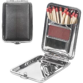 Metal Match Box Case Stainless Steel Matchboxes with Friction Plate Striker, Matchstick Holder Vintage Portable Mini Storage Reusable One Button Waterproof Fireplace Starter for Outdoor Camping-Black