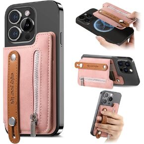 for MagSafe Wallet,Magnetic Wallet for iPhone 13-16 Series with 4200Gs Magnet,Slim Card Holder with Zipper,Adjustable Strap & Stand,Holds 4 Cards,RFID Blocking,Vegan Leather Pink