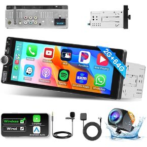 [2+32G] Android 13 Wireless Carplay&Android Auto Single Din Car Stereo, 6.9" Touch Screen with Bluetooth, Car Radio Backup Camera, Radio with Mirrorlink/GPS Navigation/WiFi/FM/RDS/USB/Type-C