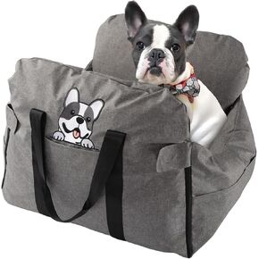 Dog Car Seat for Small Dogs,Water Repellent Dog Booster Seat for Car with Storage Pockets,Pet Travel Carrier for Puppy up to 40lbs,Machine Washable Dog Booster Seat,- Gray French Bulldog