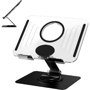 iPad Stand with 360°Rotation for iPad Pro Air Mini and Phone，Multi-Angle Adjustable Foldable Transparent Tablet Holder for Desk Home, Office, and Travel,Clear Acrylic (Black)
