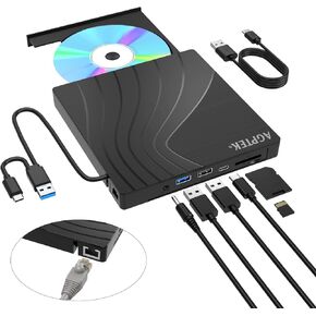 AGPTEK External CD/DVD Drive for Laptop, USB 3.0 Slim DVD Burner with Ethernet Adapter, USB Ports and TF/SD Card Slots, CD/DVD Player Reader/Writer for Laptop, PC, MacBook, Windows, Linux, Mac OS