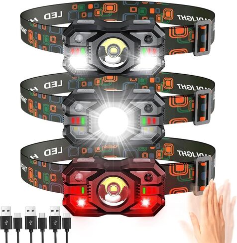 Rechargeable Headlamp Flashlight 3-Pack, 2000 Lumen Super Bright LED Headlight with Red Light, Motion Sensor for Adults Kid, Waterproof Lightweight Head Lamp for Outdoor Camping Running Hiking Fishing in Kuwait