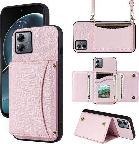 Phone Case for Motorola Moto G14 Wallet Cover with Crossbody Shoulder Strap and Leather Credit Card Holder Flip Purse Pocket Slim Stand Cell Accessories MotoG14 G 14 Girls Women Men Black in Saudi Arabia