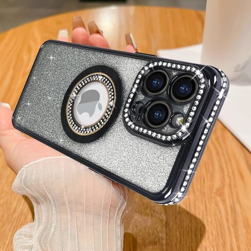 Losin for iPhone 16 Pro Max Magnetic Glitter Case Compatible with MagSafe Luxury Bling Rhinestone Case with Logo View Clear Plating Sparkle Diamond and Camera Lens Protection for Women Girls, Gold in Saudi Arabia
