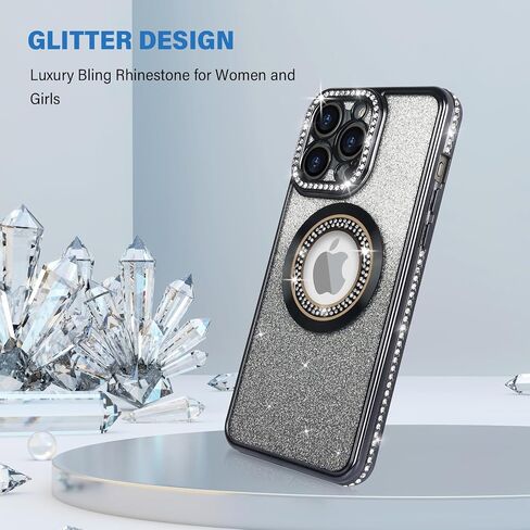 Losin for iPhone 16 Pro Max Magnetic Glitter Case Compatible with MagSafe Luxury Bling Rhinestone Case with Logo View Clear Plating Sparkle Diamond and Camera Lens Protection for Women Girls, Gold in Saudi Arabia