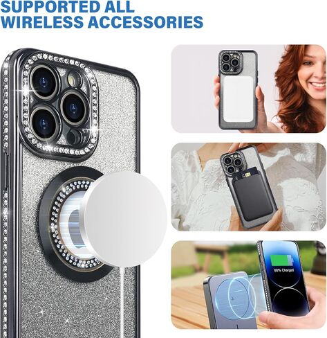 Losin for iPhone 16 Pro Max Magnetic Glitter Case Compatible with MagSafe Luxury Bling Rhinestone Case with Logo View Clear Plating Sparkle Diamond and Camera Lens Protection for Women Girls, Gold in Saudi Arabia