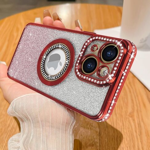 Losin Compatible with iPhone 15 Magnetic Glitter Case Compatible with MagSafe Luxury Bling Rhinestone Case with Logo View Plating Sparkle Diamond and Camera Lens Protection for Women and Girls, Gold in Saudi Arabia