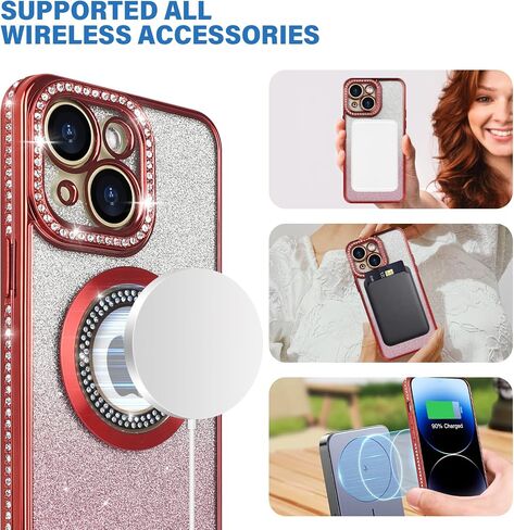 Losin Compatible with iPhone 15 Magnetic Glitter Case Compatible with MagSafe Luxury Bling Rhinestone Case with Logo View Plating Sparkle Diamond and Camera Lens Protection for Women and Girls, Gold in Saudi Arabia