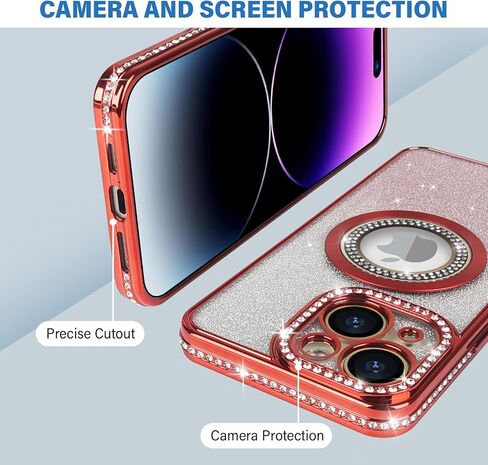 Losin Compatible with iPhone 15 Magnetic Glitter Case Compatible with MagSafe Luxury Bling Rhinestone Case with Logo View Plating Sparkle Diamond and Camera Lens Protection for Women and Girls, Gold in Saudi Arabia