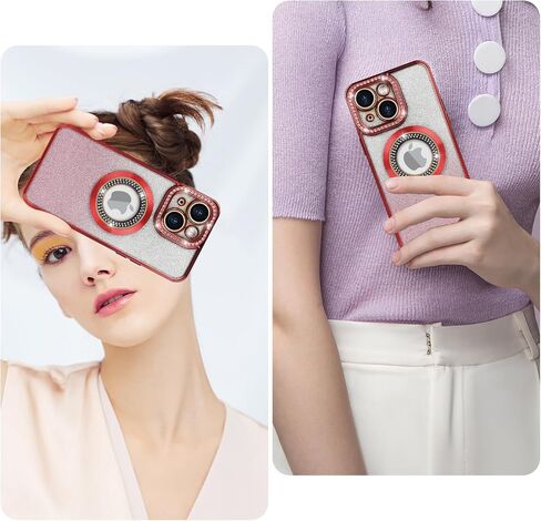 Losin Compatible with iPhone 15 Magnetic Glitter Case Compatible with MagSafe Luxury Bling Rhinestone Case with Logo View Plating Sparkle Diamond and Camera Lens Protection for Women and Girls, Gold in Saudi Arabia
