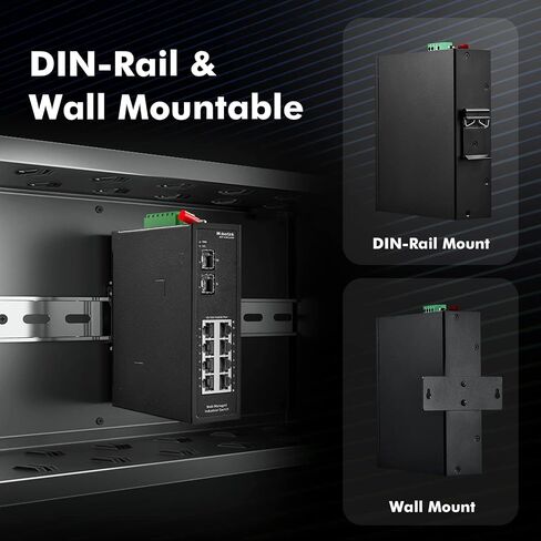 MokerLink 10 Port Poe Industrial Din Rail Switch ، 8 Ports Poe+ 100Mbps IEEE802.3AF/AT ، 1 Gigabit Ethernet و 1 SFP uplink ، VLAN & Extend Mode ، DIN-Reail & Wall Mount in Kuwait