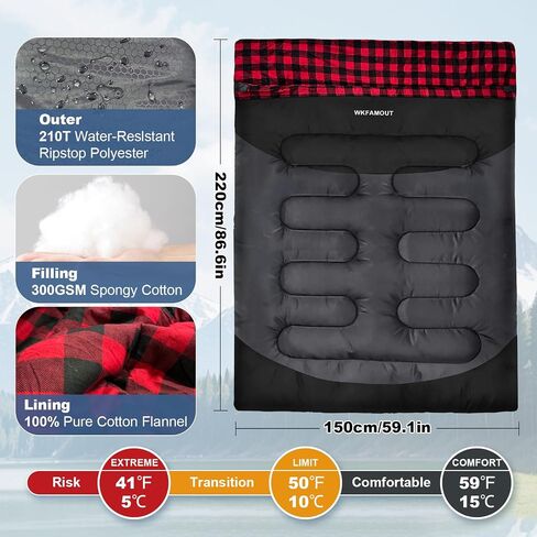 Cotton Flannel Double Sleeping Bag for Adults Machine Washable 2 Person Camping Sleeping Bag Queen Size Waterproof with Compression Sack for Cold Weather 3-4 Seasons in Kuwait