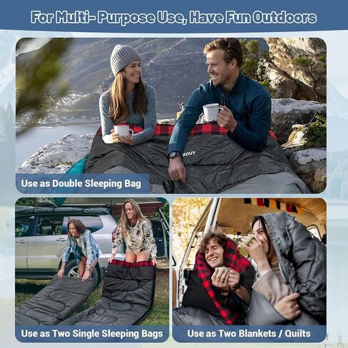 Cotton Flannel Double Sleeping Bag for Adults Machine Washable 2 Person Camping Sleeping Bag Queen Size Waterproof with Compression Sack for Cold Weather 3-4 Seasons in Kuwait
