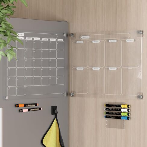 Acrylic Magnetic Calendar for Fridge, Set of 2 Clear Dry Erase Calendar Reusable White Planning Boards Monthly & Weekly, with 6 Light Colored Wet Erasable Markers 40X30CM in Saudi Arabia