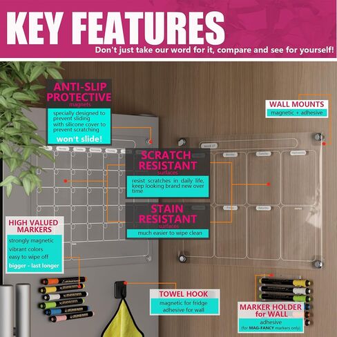 Acrylic Magnetic Calendar for Fridge, Set of 2 Clear Dry Erase Calendar Reusable White Planning Boards Monthly & Weekly, with 6 Light Colored Wet Erasable Markers 40X30CM in Saudi Arabia