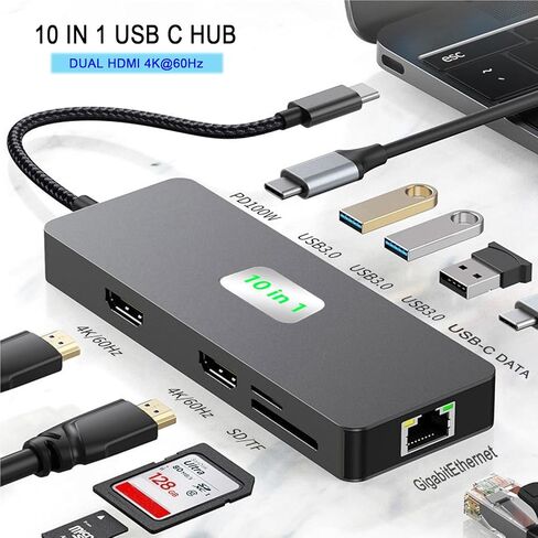 USB C to Dual HDMI Docking Station, USB C to Dual HDMI(4K@30Hz) Multiport Adapter, Type C Hub with 2 HDMI, 100W PD, USB C Data, 3 USB3.0, All in one for Dell HP MacBook Laptop (7 in 1 2HDMI+3USB3.0 in Saudi Arabia
