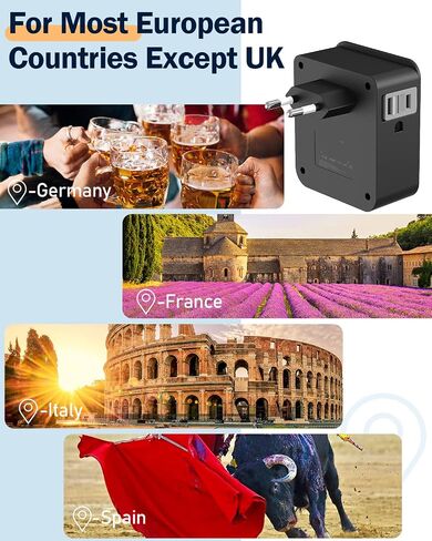UK & European Travel Plug Adapter - Fast Charger for iPhone iPad 20W PD USB C & Quick Charge QC 3.0, 2500W Power Adaptor 3 US Outlets American to EU Europe Italy France Travel Essentials Accessories in Saudi Arabia