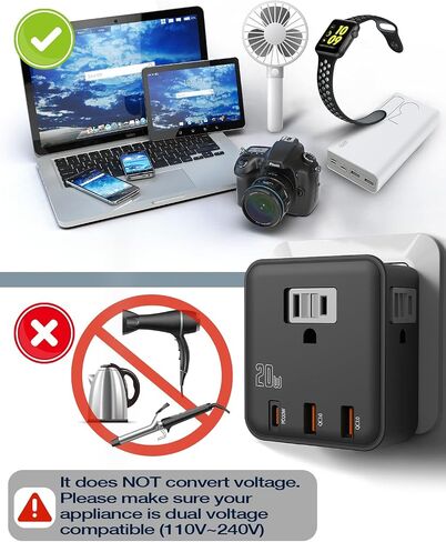 UK & European Travel Plug Adapter - Fast Charger for iPhone iPad 20W PD USB C & Quick Charge QC 3.0, 2500W Power Adaptor 3 US Outlets American to EU Europe Italy France Travel Essentials Accessories in Saudi Arabia