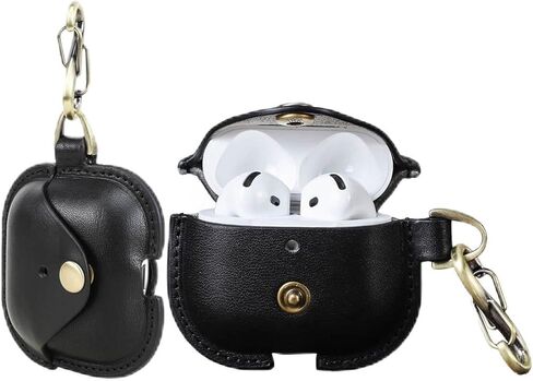 Hiram Full Grain Leather AirPods 4 Case Cover, Wireless Bluetooth Earphone Protective Holder Compatible with Airpods 4th Generation 2024, with Keychain Hook and Metal Snap in Saudi Arabia
