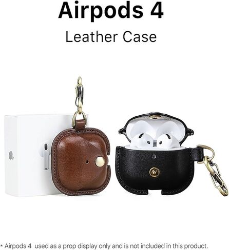 Hiram Full Grain Leather AirPods 4 Case Cover, Wireless Bluetooth Earphone Protective Holder Compatible with Airpods 4th Generation 2024, with Keychain Hook and Metal Snap in Saudi Arabia