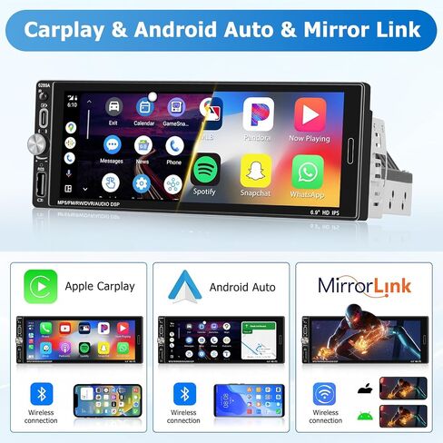 [2+32G] Android 13 Wireless Carplay&Android Auto Single Din Car Stereo, 6.9" Touch Screen with Bluetooth, Car Radio Backup Camera, Radio with Mirrorlink/GPS Navigation/WiFi/FM/RDS/USB/Type-C in Saudi Arabia